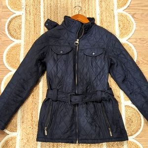 Women's quilted Barbour coat with hood and belt